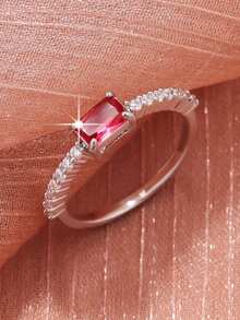 1pc Classic Square Cubic Zirconia Ring, Perfect Valentine's Day, Wedding, Engagement Gift - Red - View 1