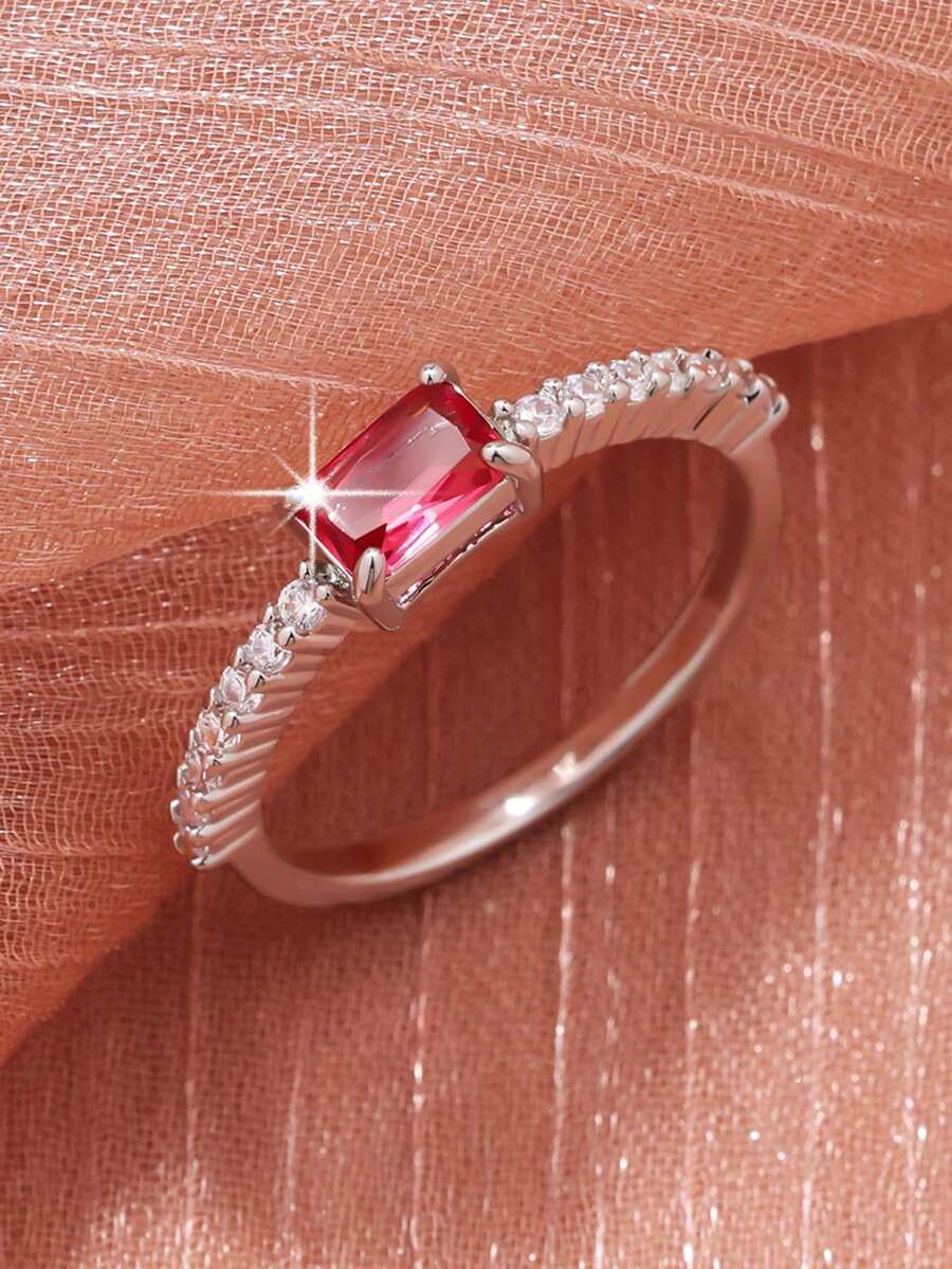 1pc Classic Square Cubic Zirconia Ring, Perfect Valentine's Day, Wedding, Engagement Gift - Red - View 1