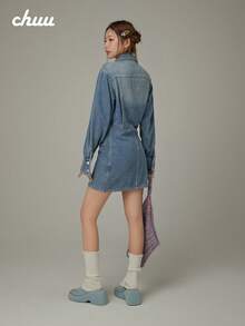 CHUU Single-Breasted Lapel Dress Women Autumn Asymmetrical Long Sleeve Chic Denim Mini Skirt - Blue - View 7