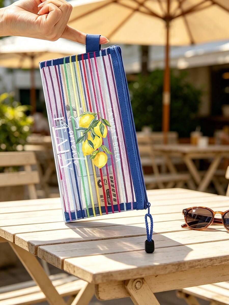 Colorful Striped Zipper Makeup Bag, Fresh Lemon "Italy" Letter Pattern Design, Transparent Mesh Makeup Bag, Foldable Storage Bag, Portable Stationery Bag, Multi-Functional Storage Bag, Travel Storage Supplies, Suitable For Travel, Beach, Holiday, Student Back To School, Office, Gift And Daily Use, Unique Party Gift, Back To School Gift, Birthday Gift, Travel Gift, Best Teacher's Day Gift - Multicolor - View 1