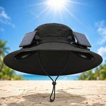Solar Powered Fan Hat For Men Women Wide Brim Hat With 2 Fans UPF 50+ Outdoor Fishing Beach Sun Hat - 黑色 - 查看 1