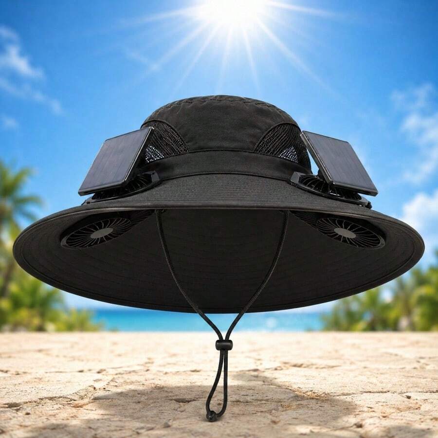Solar Powered Fan Hat For Men Women Wide Brim Hat With 2 Fans UPF 50+ Outdoor Fishing Beach Sun Hat - 黑色 - 查看 1