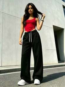 Autumn/Winter New Casual Versatile High Waist Elastic Waist Loose Wide Leg Sweatpants, Suitable For All Seasons Daily Wear, Gym Black Sports Fall - Black - View 3