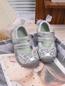 Girls' Double Hook & Loop Mary Jane Shoes, Mesh Breathable Bow Soft Sole Anti-Slip Baby Toddler Walking Shoes, Versatile Lightweight Casual Princess Shoes - Silver - View 2