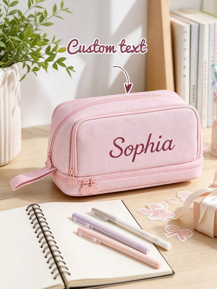 Large Capacity Personalized Pencil Case, Customizable Name Pencil Bag, Custom Storage Bag, Suitable For Markers And Portable Stationery Storage, Customizable Text, Cosmetic Storage Box, Perfect For Back To School, Office Use And Travel, Birthday Gift, Multi-Functional, Decorative, Letter, Fashion, Modern, Colorful, Cute, Casual, Customized, Personalized, Unique, Customized, Ideal Gift For Him/Her - Multicolor - View 1