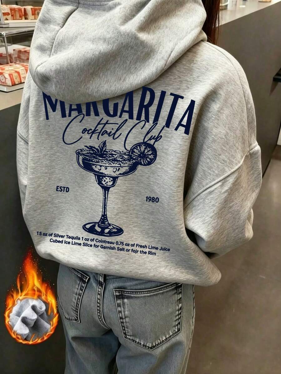 Women's Autumn/Winter New Fashion Lemon Ice Cup And Letter Print Casual Versatile Sweatshirt Sweatshirt With Thermal Lining, Suitable For Autumn Outfits - Dark Gray - View 1