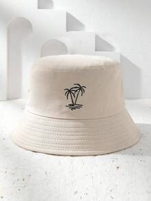 2pcs Unisex Y2K Style Embroidered Coconut Tree Bucket Hats, Outdoor Sun Protection Hats Suitable For Outdoor Sports, Sunshade And Daily Commute - White + Beige - View 2