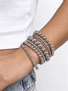 7-Piece Geometric Alloy Beaded Bracelet Set For Women Daily Party Wear - Silver - View 2