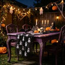 1 pieza Camino de mesa decorativo con patrón de fantasma de Halloween, crea una atmósfera festiva, adecuado para comedor, patio y otros caminos de mesa decorativos - Negro - Ver 7