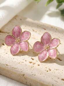12pcs Pink Gradient Enamel Earring Set, Includes Gold-Rimmed Cherry Blossom Earrings, Faux Pearl Earrings, Butterfly Earrings, Hoop Earrings, Geometric Square Earrings. French Vintage Girly Style Earrings, Daily Commute, Date, Vacation Accessories, Valentine's Day, Spring, Birthday Gift, Ins Fresh Niche Ear Jewelry - Geometric Flower and Butterfly Design - View 2