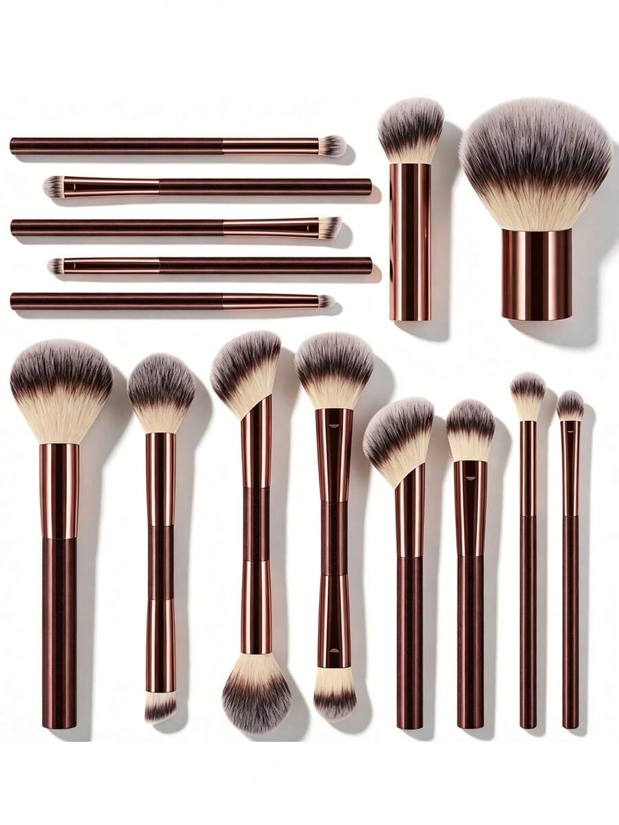 15/3Pcs Professional Makeup Brushes Set, Soft Synthetic Bristles, Rose‑Gold Metal Ferrule & Wooden Handles, Face And Eye Cosmetic Brushes For Blush, Foundation, Contour, Eyeshadow And Highlighter For Beginners - Multicolor - View 1