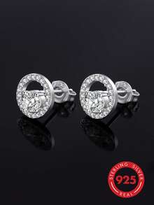 1 paire de boucles d'oreilles à tige rondes à double couche en argent sterling 925 ton argent avec strass complets, boucles d'oreilles de luxe minimalistes pour femmes, bijoux cadeau de couple pour fiançailles et mariage - or blanc - Voir 5