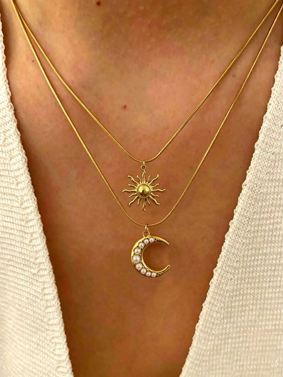 1pc Stainless Steel Waterproof Non-Fading Vintage Smiling Face Moon Sun Pendant Necklace Choker Chain Suitable For Women's Daily Wear - Large Gold - View 1