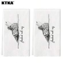 2Pcs Thanksgiving Farmhouse Funny Peeking Highland Cow Kitchen Towels, Machine Washable Dish Towels, Rustic Fall Holiday Kitchen Decor Gift - White - View 8
