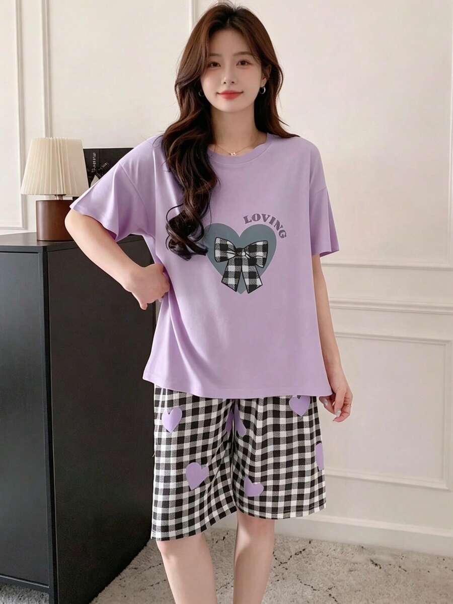AICJ Conjunto de pijama cómodo para mujer con estampado de corazón, lazo a cuadros y letras - Camiseta de manga corta con cuello redondo [camiseta] y pantalones cortos de pijama hasta la rodilla de tela de punto primavera verano - Conjunto de ropa de casa holgado y casual para maternidad 2 piezas - Morado - Ver 1