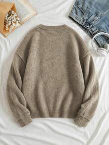 Atasan Rajut Wanita Ukuran Besar, Motif Kucing, Sweater Lengan Panjang Kerah Bulat Potongan Reguler, Pilihan Ideal untuk Musim Gugur - Khaki - View 3
