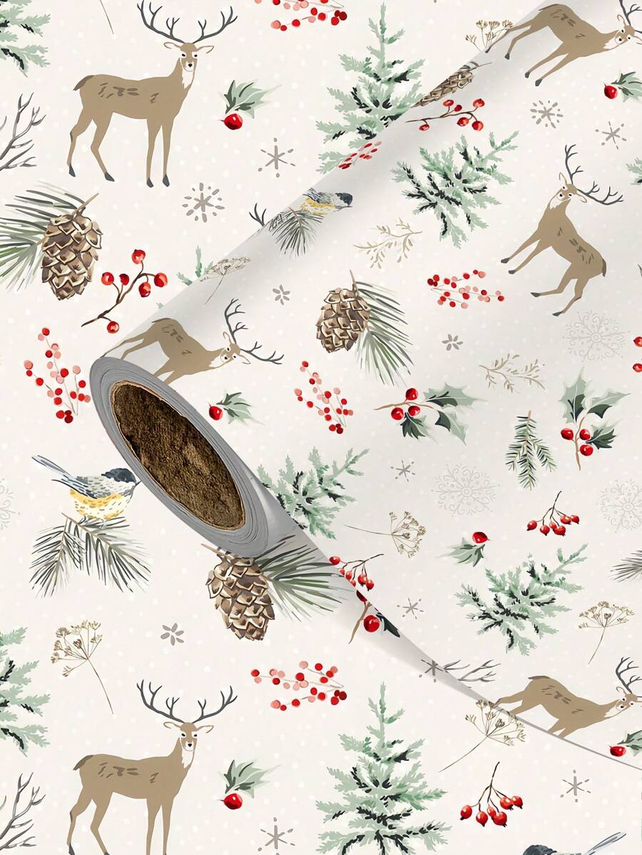 1 Roll Of Christmas Gift Wrapping Paper Featuring A Winter Forest And Reindeer Theme; Made Of Coated Paper; Dimensions: 43 Cm X 300 Cm; Suitable For Wrapping Christmas Gifts, Decorating For Christmas Parties, And Holiday Gift-Giving. - A - View 1