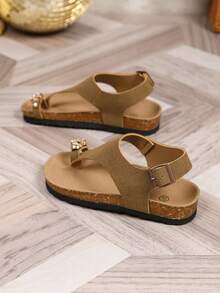 1 Pair Toddler Anti-Slip Soft Cork Sole Toe Strap Sandals With Rhinestone Decor And Adjustable Buckle, Suitable For Summer Daily Wear - Brown - View 6