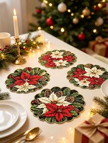 8pcs/4pcs/1pc Round Placemats, Winter Floral And Pine Cone Pattern, Suitable For Christmas Party Decoration, Theme Party, Christmas Dinner, Vintage Style Party - One Size Fits All - View 5