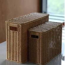 Nordic Style Artificial Rattan Narrow Tall Storage Basket, Handwoven Rectangular Multi-Function Storage Basket With Lid, Suitable For Magazines, Books, Documents, Can Be Used As Bookshelf Basket, Wall/Sofa/Side Gap Corner Storage Box, For Living Room - Multicolor - View 9
