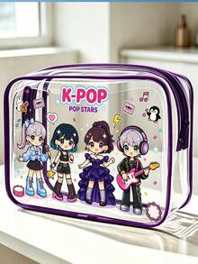 1pc K-Pop Idol Themed PVC Makeup Bag, Zipper Sealed PVC Travel Organizer Bag, Printed With K-Pop Logo Korean Pop Culture Design, Lightweight And Sun-Resistant Women's And Girls' Makeup And Toiletry Bag, Portable Makeup Box, Easy To Wipe Clean Design, Tech-Inspired Organizer | Modern Aesthetic | Fade-Resistant Material, Travel Essential, Vacation, Summer, Back To School, School Supplies Bag, Toiletry Bag, Waterproof Travel Makeup Bag - Multicolor - View 2