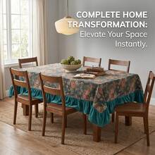 1pc Dark Green Vintage Rose Jacquard Tablecloth With Dark Green Ruffle Edge, Lightweight Luxury Vintage Style Jacquard Fabric, Rectangular Shape, Dark Green Ruffle Edge Splicing Detail Decoration, Functional Home Long Tablecloth Suitable For Family Breakfast, Brunch And Daily Dining Scenes - Green - View 2
