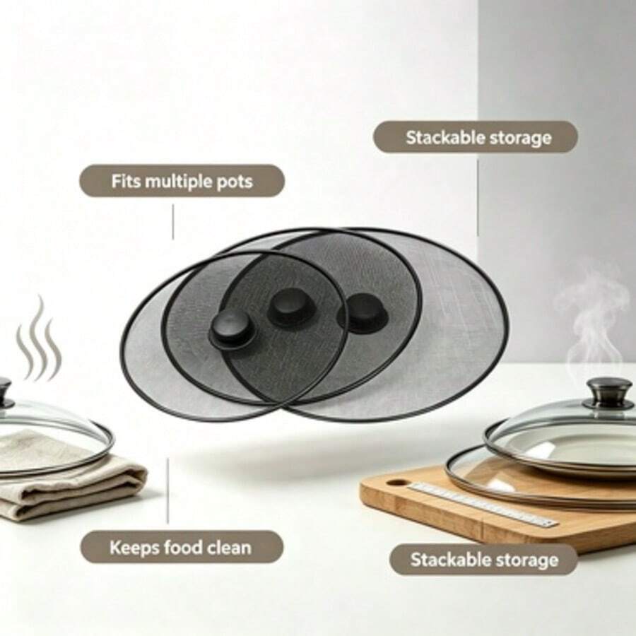 3pcs Anti-Splatter Mesh Covers, Heat Resistant, Suitable For 8-12 Inch Pots, Prevents Splatter And Smoke, Keeps Food Fresh, Ideal For Healthy Cooking, Kitchen Essential, Durable Stainless Steel Mesh Covers - Multicolor - View 1