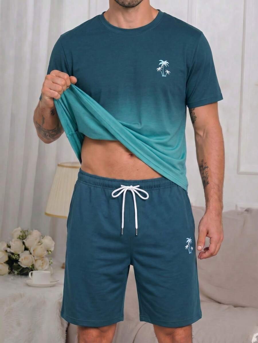 男士睡衣套裝,漸層椰子樹短袖上衣與短褲,休閒居家服 2 件套 - 彩色 - 查看 1
