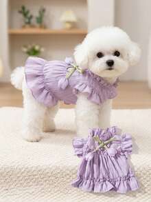 Light Purple Frill Trim Pet Harness Dress With Leash Buckle, Bow And Small Flower, Breathable Thin Outfit For Small Dogs, Bichon, Teddy - Purple - View 8