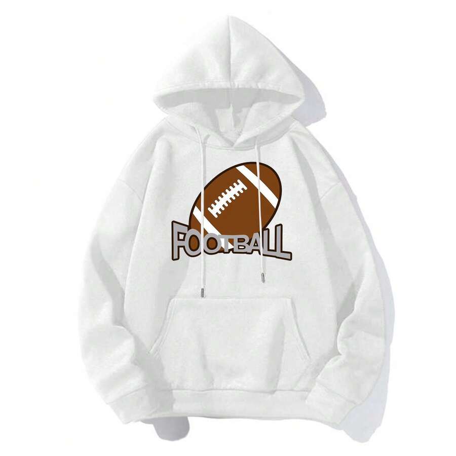American Football Print Hoodie, Warm Hooded Jacket, New Loose-Fit Printed Style - 白色2 - 查看 1