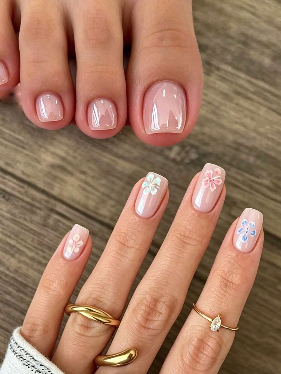 48件組浪漫優雅花卉可愛粉色珍珠光感穿戴式甲片與腳趾甲套組,中長方型指甲與短方型腳趾甲,全覆蓋人造甲片,適合女性與女孩日常配戴、派對、購物、約會、DIY,含果凍膠與迷你指甲锉,果凍膠隨機發送 - 彩色 - 查看 1