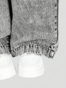 Toddler Light Blue Elastic Waist Bow Decor Casual Loose Washed Wide Leg Denim Jeans Autumn/Winter - Grey - View 3