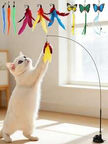 1pc Suction Cup Cat Teaser Wand, Multi Color Feather Butterfly Insect Interactive Toy, Cat Toys Cat Stuff For Kitten Adult Indoor Outdoor Exercise, Boredom Relief Pet Gift For Easter Birthday Xmas Holiday - Multicolor - View 1