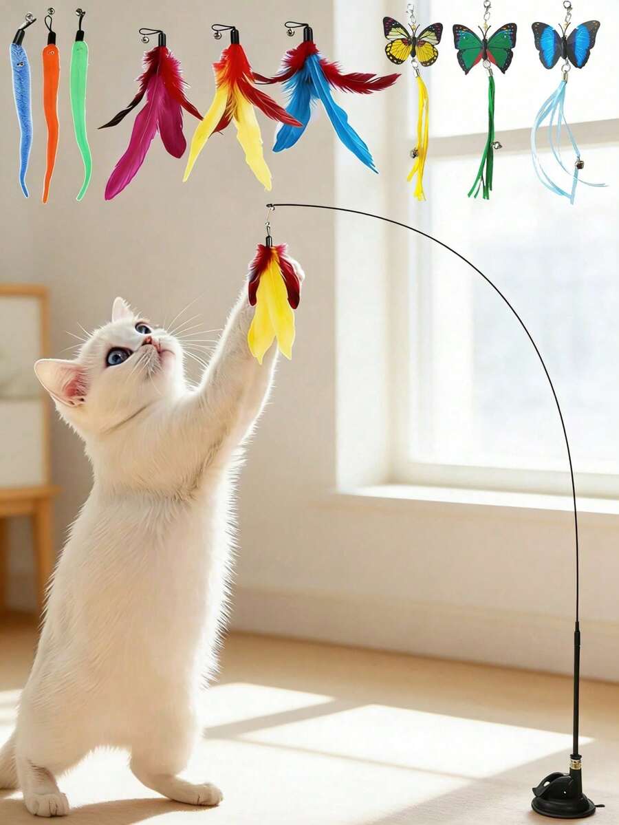 1pc Suction Cup Cat Teaser Wand, Multi Color Feather Butterfly Insect Interactive Toy, Cat Toys Cat Stuff For Kitten Adult Indoor Outdoor Exercise, Boredom Relief Pet Gift For Easter Birthday Xmas Holiday - Multicolor - View 1