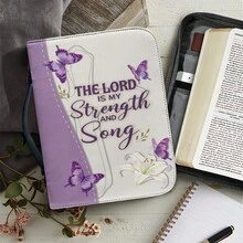 Purple Butterfly And Lily Bible Set, Printed With Verses Such As "The Lord Is My Strength" And "Hymns, " With A Handle; A Motivational Christian Bible Set Gift For Women. - View 1