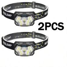 1件/2件/3件 USB充電式頭燈，COB與9顆XT LED超亮寬光束頭燈，附紅色警示燈，適用露營、釣魚、登山、跑步 - 款式A - 查看 14