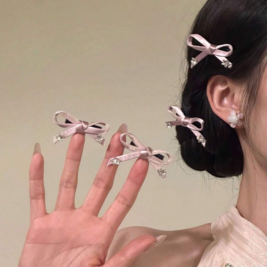 Kawaii Pink Mini Bow Hair Clips Y2K Style Side Barrettes Suitable For Fringes And Long Braids Valentines - Multicolor - View 1