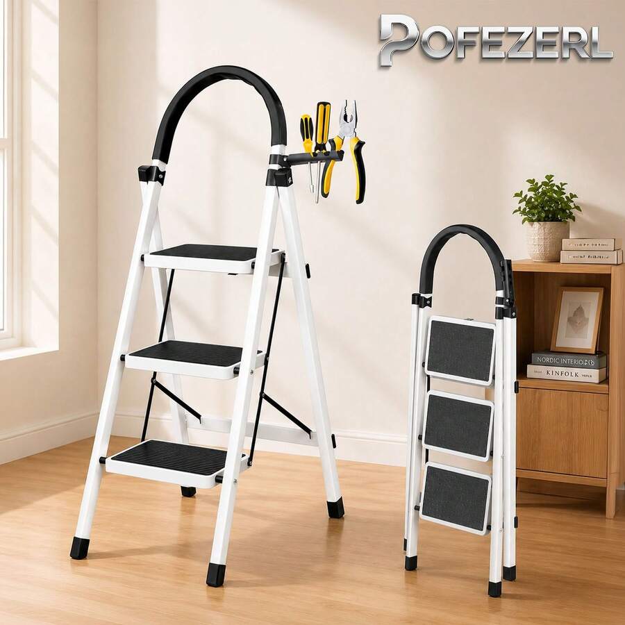 Escalera plegable, 3 peldaños. Escaleras plegables para el hogar, escaleras de acero inoxidable con pasamanos antideslizantes, escalera de tijera portátil para el hogar, la oficina, la cocina, el garaje. - Blanco - Ver 1