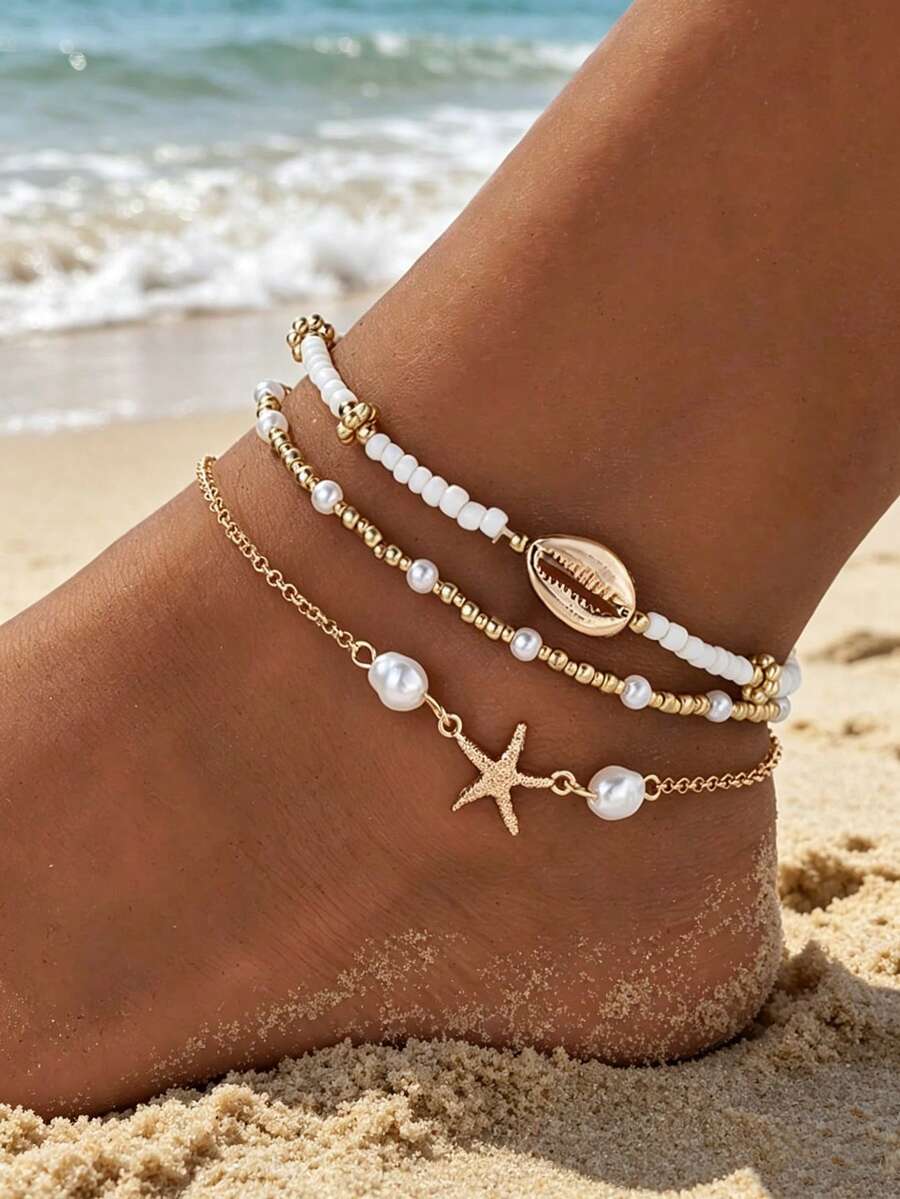 Juego de 3 tobilleras con estilo de playa de verano, cuentas de arroz blancas CCB, concha, estrella de mar y perlas falsas, tobilleras apilables de varias capas para mujeres - Dorado - Ver 1