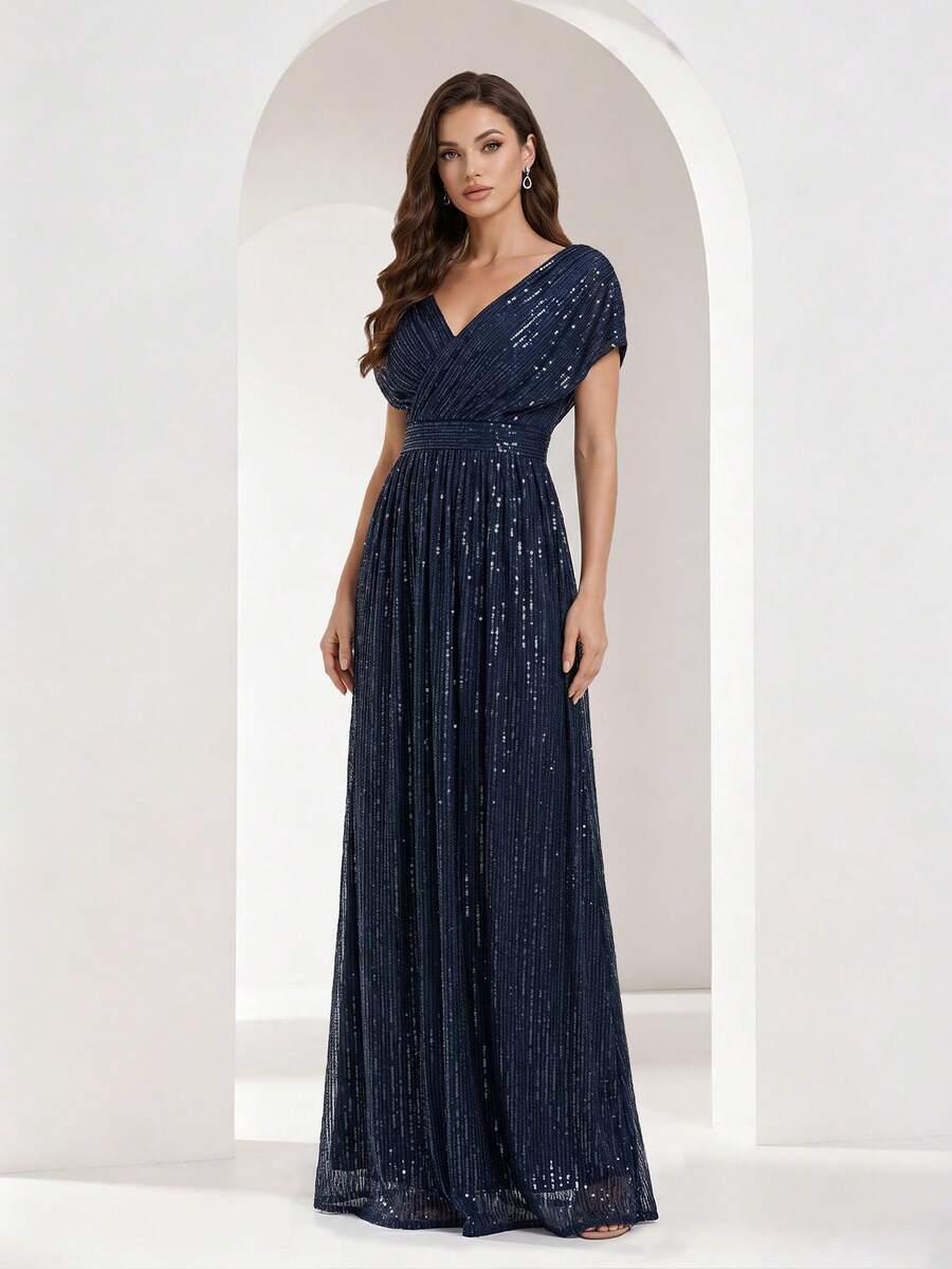 YISIKADO Women Elegant Formal Evening Dress Short Sleeve V Neck Sequin Prom Dress For Wedding Guest Party Dinner Graduation Back To School Summer Fall - Navy Blue - View 1