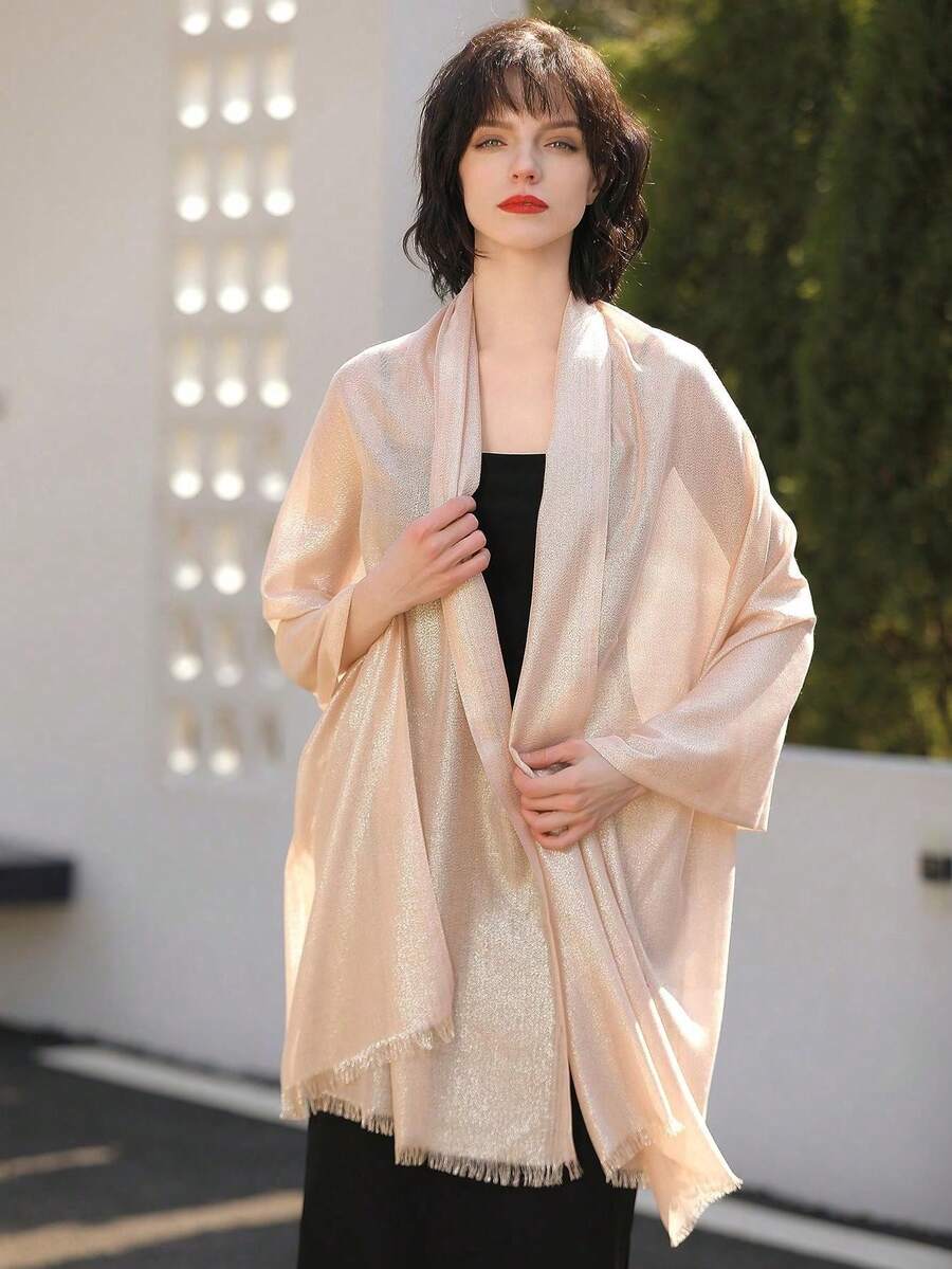 1件女款純色聚酯纖維優雅金線圍巾,適合派對 - 杏色 - 查看 1