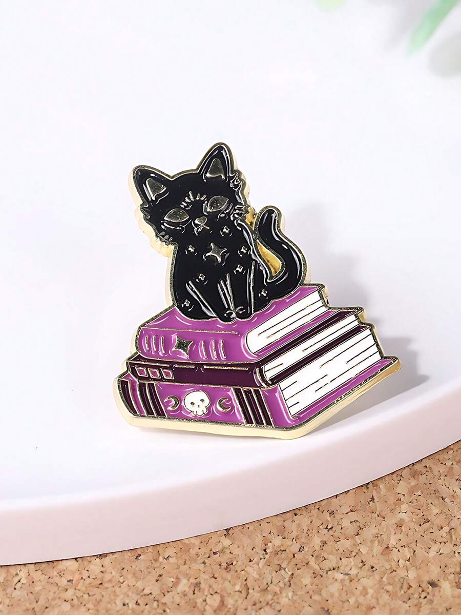 Black Cat Book Brooch Cute Gothic Enamel Pin Witchy Style Badge For Backpack Jacket Decoration - Black and White - View 1