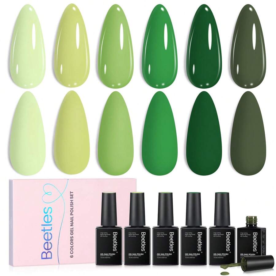 Beetles 6 Colors Green Picnic Green Gel Nail Polish Set, Pastel Green Gel Polish Kit, Soak Off UV LED Nail Art Manicure - 6 Colors Green Picnic Green - 查看 1