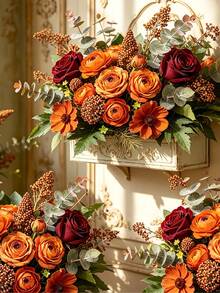 3pcs Artificial Daisy Peony Rose Bouquet With Hydrangea Accents, Faux Flowers, Home Decor, Autumn, Wedding, Halloween, Thanksgiving, Autumn Table Centerpiece Decoration, Home Office Display, Hotel, Home Room, Table Party Decoration, DIY Wreath Decoration - Orange - View 7