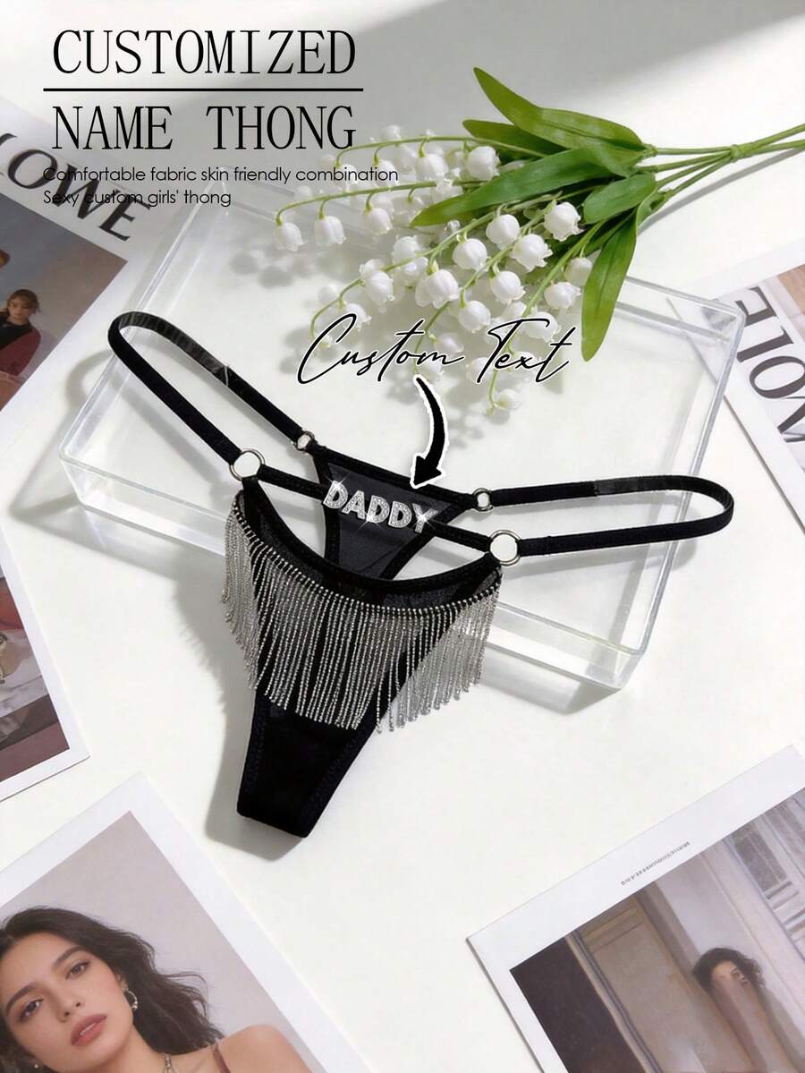 Custom Thong G-Strings With Gold Charms Name Personalized Charm Thong With Any Name Custom Thong Bikini Couple Gift - Black - View 1