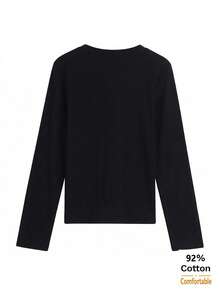 Kaos Wanita Lengan Panjang Leher V Warna Hitam untuk Musim Gugur/Dingin, Atasan Dalaman Kasual Serbaguna yang Melangsingkan dengan Warna Polos - Hitam - View 4