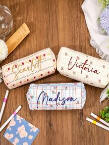 1pc Personalized Floral Pattern Pencil Case, Embroidered Name, Custom Zipper Pencil Pouch, Back To School Gift, Makeup Brush Storage Bag, School Supplies, Custom Toiletry Bag, Cosmetic Bag - Multicolor - View 5
