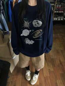 女款春夏/秋冬純棉圓領寬鬆百搭字母與星空印花長袖T恤 - 藏蓝色 - 查看 1