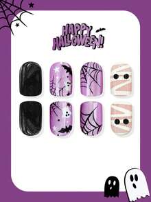 24 Peças Unhas Postiças Quadradas Curtas com Glitter Olho de Gato, Design Fofo de Fantasma, Teia de Aranha e Morcego, Acabamento Preto com Glitter Olho de Gato, Adequado para Decoração de Halloween Feminina - Multicolorido - Visão 2