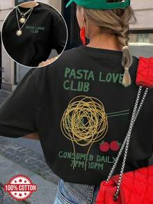 T-shirt alla moda da donna con stampa fronte-retro, capo estivo, stile fresco, stampa pasta e pomodori, girocollo, maniche corte, spalle scese, taglio ampio. - nero - Visualizzare 1